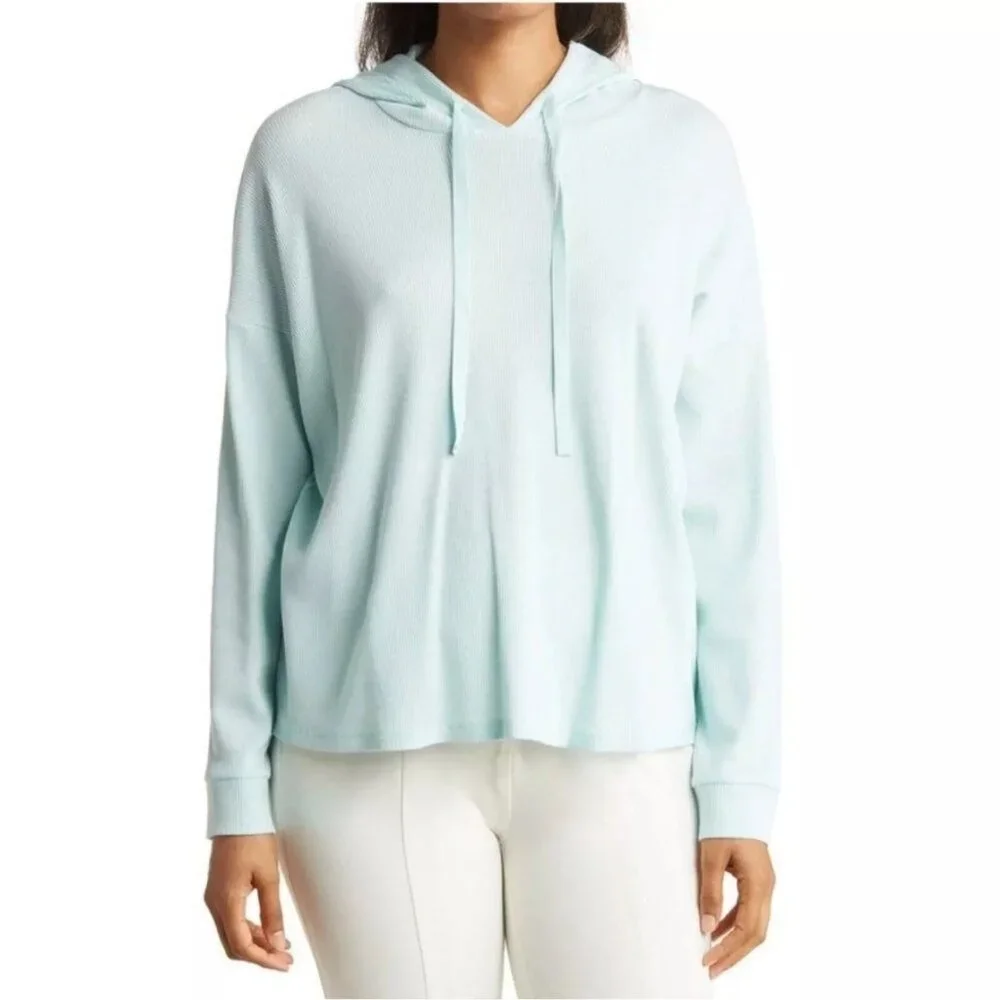 Eileen Fisher Womens XL Cozy Waffle Knit Hooded Top Boxy Fit Pullover‎ Mint